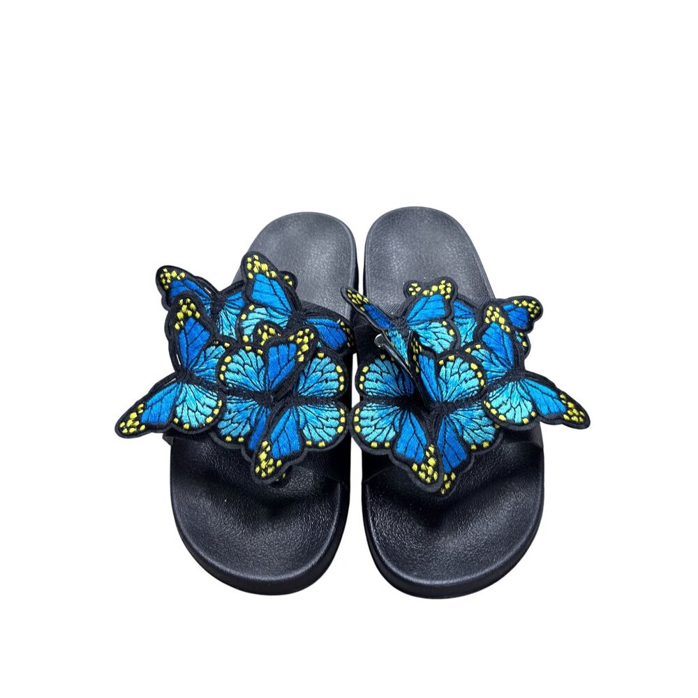 Butterfly Applique Slide Sandals Womens Size 9 Black & Blue - Picture 2 of 8